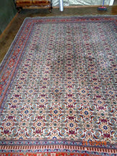 Lade das Bild in den Galerie-Viewer, Teppich indisch mit breiter Bordüre und einheitlichem Muster in der Mitte  beige / rot / blau

